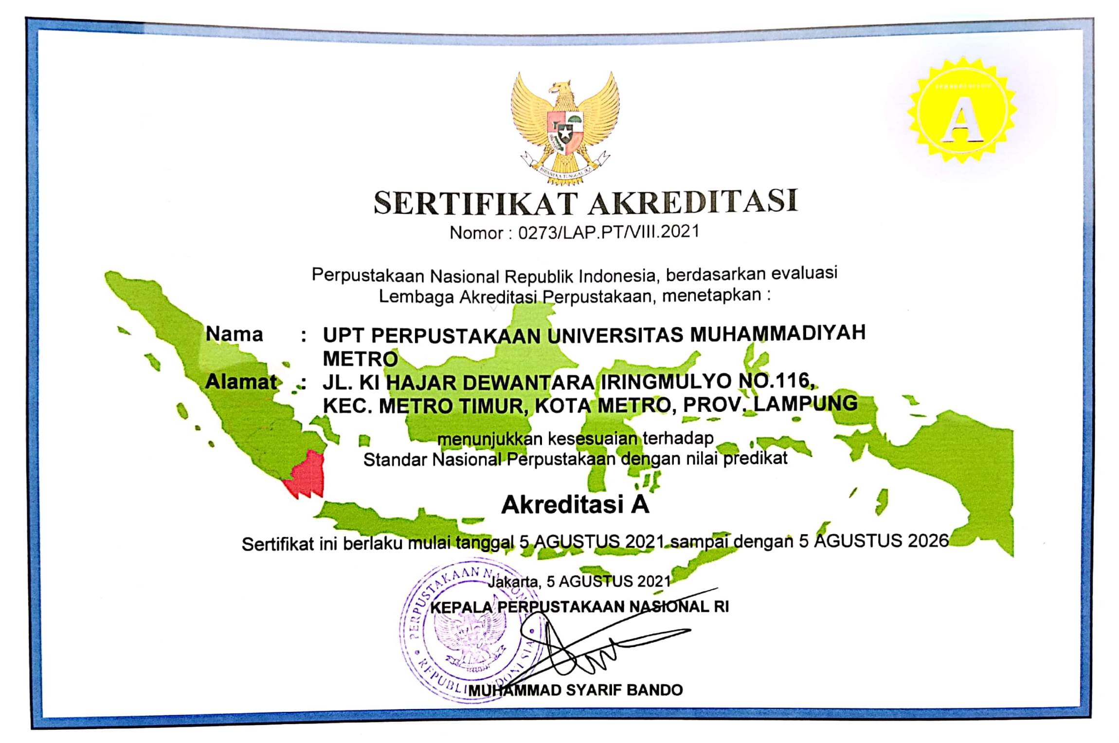 UPT Perpustakaan UM Metro Raih Akreditasi A dari Perpustakaan Nasional RI