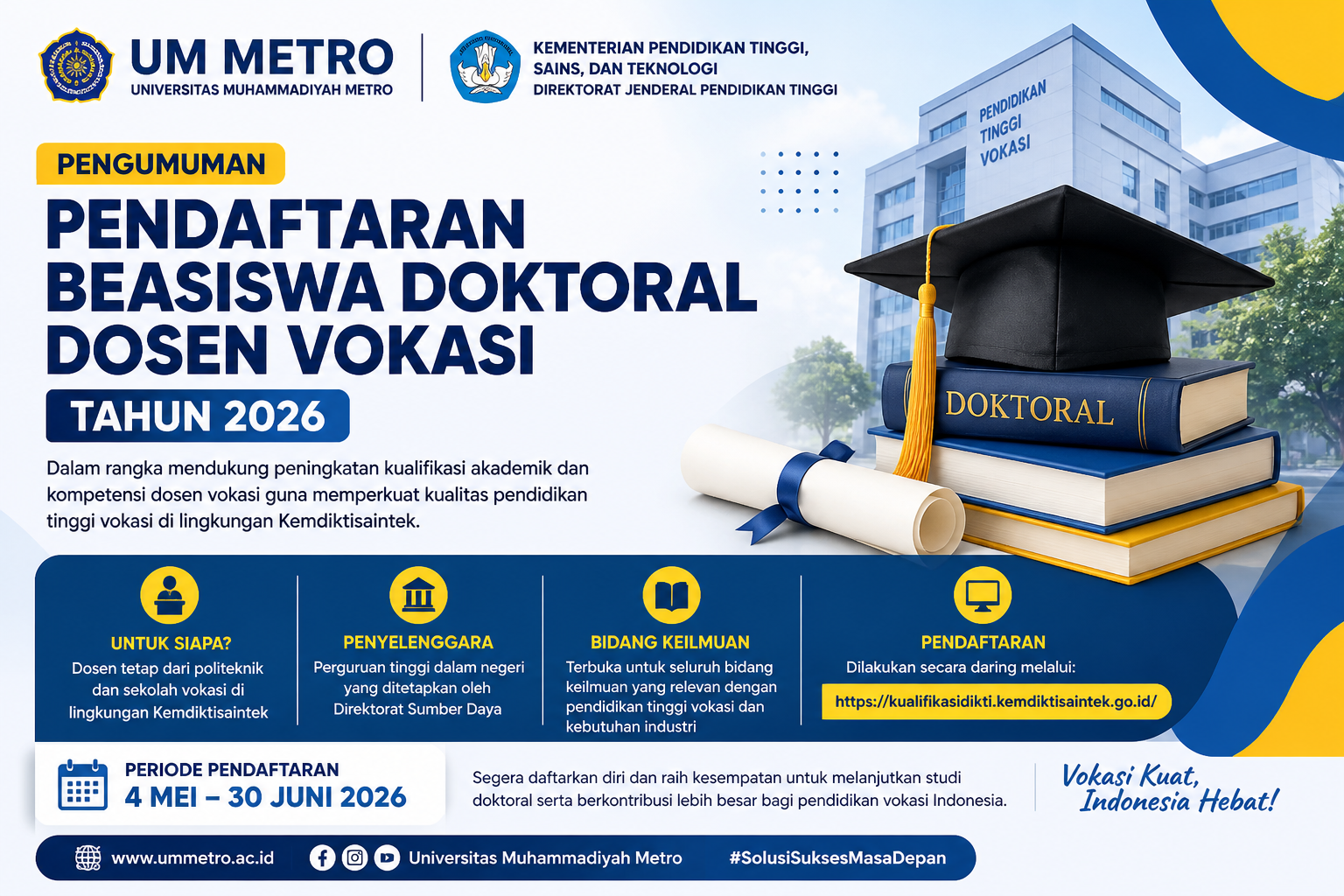 Pendaftaran Beasiswa Doktoral Dosen Vokasi 2026 Resmi Dibuka, Ini Syarat dan Jadwalnya