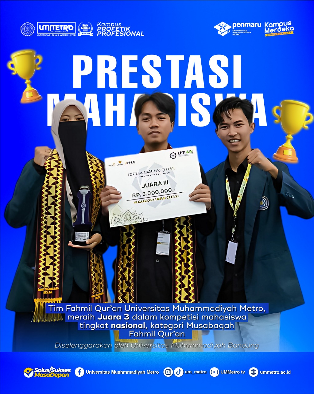 Mahasiswa UM Metro Raih Juara 3 Musabaqah Fahmil Qur’an di Festival Nasional Qur’ani PTMA 2025