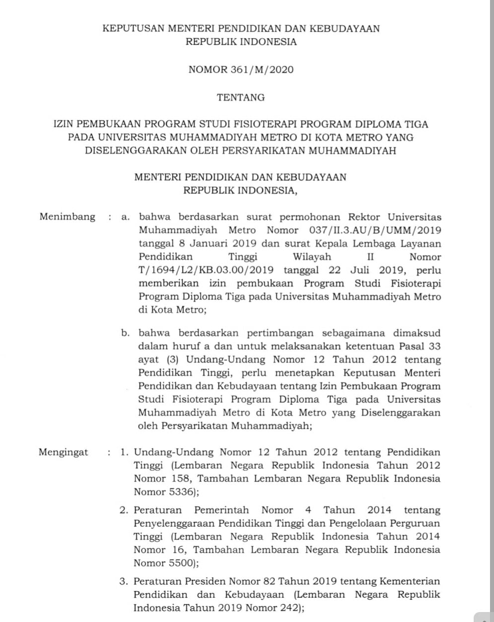 UM Metro Resmi Buka Prodi D3 Fi­sio­terapi