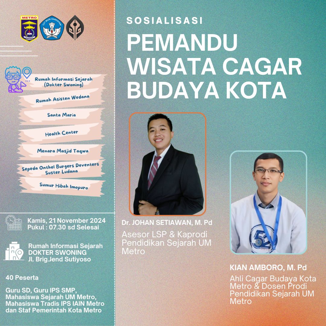 Dosen Pendidikan Sejarah UM Metro Jadi Pembicara Kunci Dalam Sosialisasi Pemandu Wisata Cagar Budaya Kota Metro
