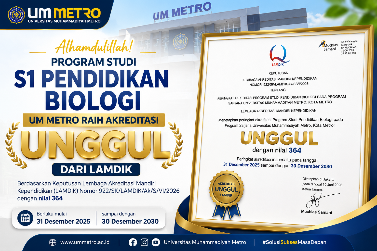 Program Studi S1 Pendidikan Biologi UM Metro Raih Akreditasi Unggul dari LAMDIK
