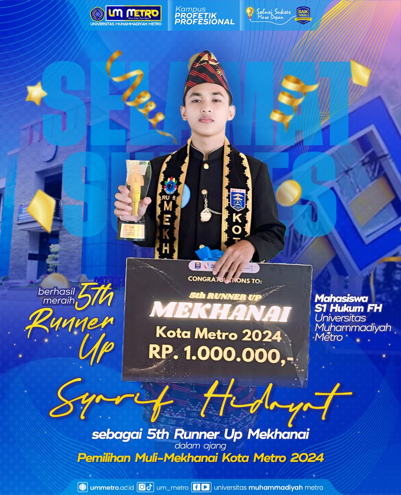 Mahasiswa Hukum UM Metro Raih Juara Harapan dalam ajang Muli Mekhanai Kota Metro 2024