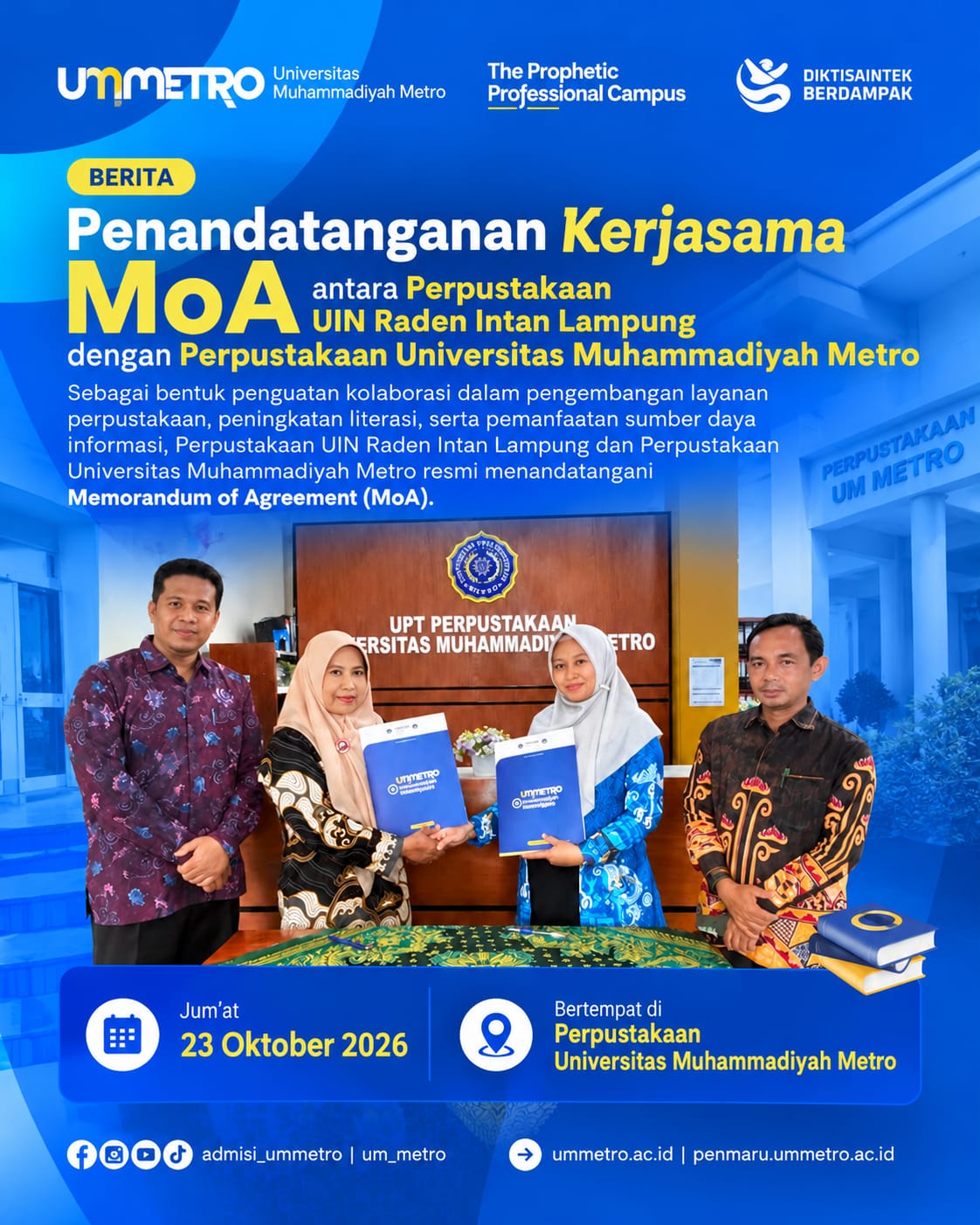Perkuat Layanan Literasi, Perpustakaan UM Metro dan UIN Raden Intan Lampung Tandatangani MoA