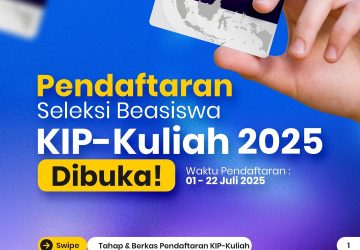 Beasiswa KIP Kuliah 2025 di Universitas Muhammadiyah Metro – Pendaftaran Dibuka! Universitas Muhammadiyah Metro (UM Metro) kini membuka pendaftaran untuk Beasiswa KIP Kuliah 2025. Dengan adanya beasiswa ini, calon mahasiswa dari keluarga kurang mampu bisa melanjutkan pendidikan tanpa biaya kuliah. Selain itu, penerima beasiswa juga akan mendapatkan bantuan biaya hidup selama kuliah. 🗓 Periode Pendaftaran: 1 – 22 Juli 2025 📍 Tempat: Universitas Muhammadiyah Metro 🌐 Website Resmi: penmaru.ummetrom.ac.id ✅ Apa Itu Beasiswa KIP Kuliah? Beasiswa KIP Kuliah adalah program bantuan pendidikan dari pemerintah Indonesia yang bertujuan untuk membantu mahasiswa dari keluarga kurang mampu. Dengan program ini, mahasiswa tidak perlu membayar biaya kuliah dan akan mendapatkan bantuan biaya hidup selama studi. Program ini terbuka untuk siswa berprestasi yang ingin melanjutkan pendidikan tinggi di perguruan tinggi negeri maupun swasta. 📑 Persyaratan Pendaftaran Beasiswa KIP Kuliah UM Metro 2025 Untuk mendaftar Beasiswa KIP Kuliah 2025 di UM Metro, pastikan kamu memenuhi beberapa persyaratan berikut: Lulusan SMA/SMK/MA tahun 2023, 2024, atau 2025 Terdaftar sebagai mahasiswa baru UM Metro T.A. 2025/2026 Telah melakukan pembayaran registrasi ulang Membuat akun di KIP Kuliah Kemdikbud di https://kip-kuliah.kemdikbud.go.id Mengumpulkan berkas fisik ke Sekretariat Penmaru UM Metro Dengan memenuhi syarat-syarat ini, kamu sudah selangkah lebih dekat untuk mendapatkan beasiswa KIP Kuliah. Selanjutnya, pastikan untuk mengumpulkan semua dokumen yang diperlukan. 📑 Dokumen yang Harus Disiapkan Untuk melengkapi pendaftaran, pastikan kamu mengumpulkan dokumen-dokumen berikut: Fotokopi Kartu Keluarga (KK) dan KTP/Kartu Pelajar Fotokopi Ijazah/SKL yang dilegalisir Surat keterangan penghasilan orang tua Bukti pembayaran tagihan PBB atau surat keterangan RT/RW Kartu KIP, PKH, atau SKTM (jika ada) Foto keluarga (semua anggota keluarga) Pas foto 4x6 background merah Prestasi akademik/non-akademik (jika ada) 👉 Klik di sini untuk informasi lebih lanjut dan pengunduhan berkas: https://bit.ly/syaratberkasKIP25 🔍 Tahapan Seleksi Beasiswa KIP Kuliah 2025 Berikut adalah tahapan yang harus kamu ikuti untuk mengikuti seleksi Beasiswa KIP Kuliah 2025: Terdaftar sebagai mahasiswa baru UM Metro Melakukan pembayaran daftar ulang Membuat akun di KIP Kuliah Kemdikbud Mengumpulkan berkas fisik ke Sekretariat Penmaru Mengikuti seleksi berkas, wawancara, dan survei lapangan Menunggu pengumuman hasil seleksi KIP-Kuliah Secara keseluruhan, tahapan ini akan memastikan bahwa penerima beasiswa benar-benar memenuhi syarat dan berhak menerima bantuan pendidikan. 📞 Informasi & Kontak Jika kamu membutuhkan bantuan atau informasi lebih lanjut, kamu dapat menghubungi kami melalui: 📲 WhatsApp Ardian: 085896666588 Dayat: 082311775553 🌐 Website & Email penmaru.ummetrom.ac.id um_metro | admisi_ummetro Jangan lewatkan kesempatan ini untuk mendapatkan Beasiswa KIP Kuliah 2025 di Universitas Muhammadiyah Metro. Daftar sekarang dan wujudkan impian kuliah tanpa biaya!
